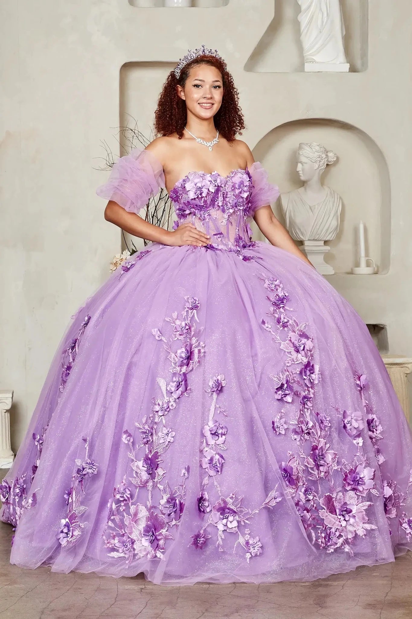 voluminous lilac off-the-shoulder ball gown with 3D floral appliqués