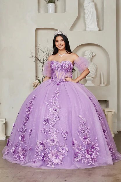 voluminous lilac off-the-shoulder ball gown with 3D floral appliqués and detachable sheer puff sleeves