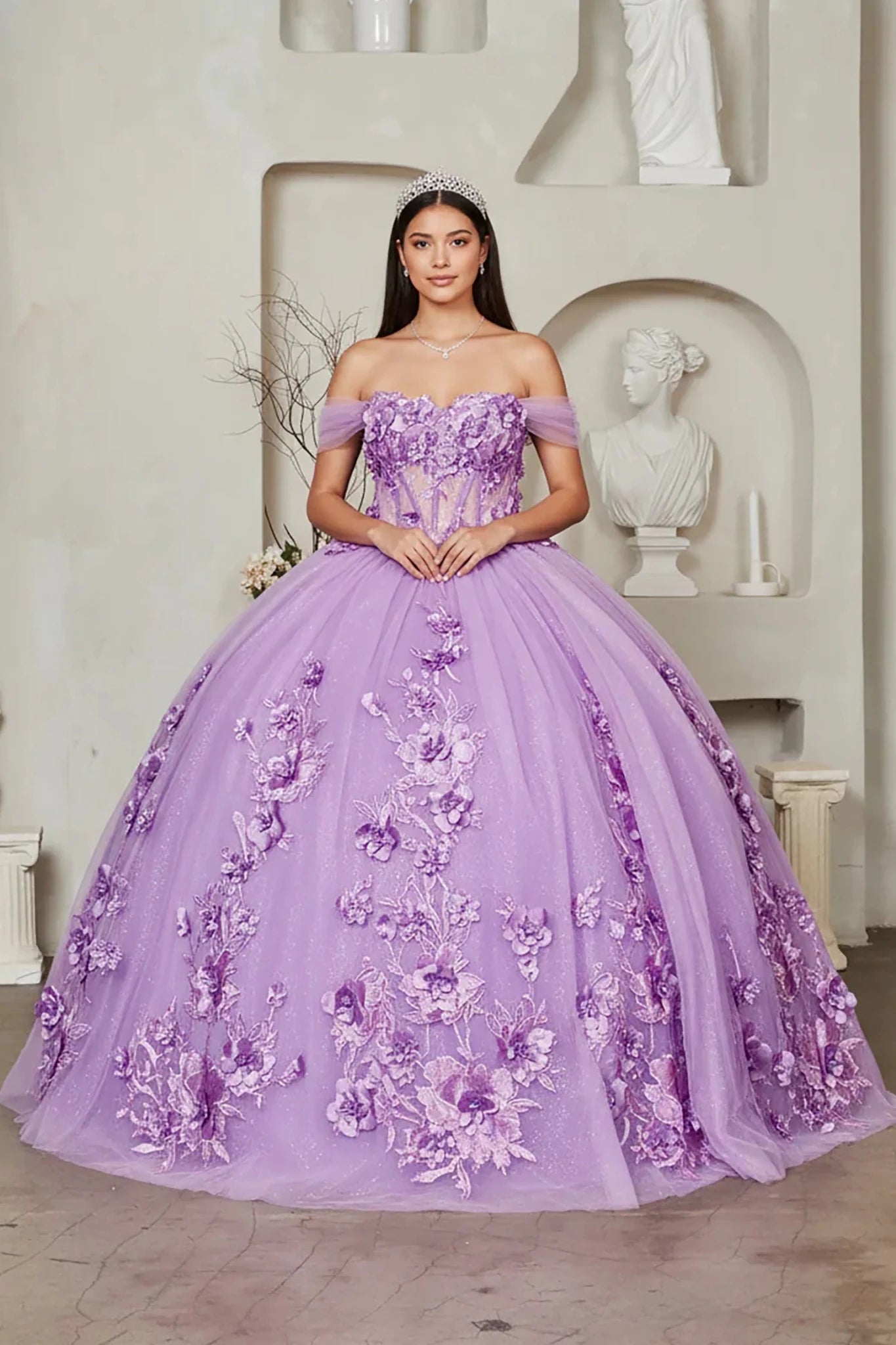 lilac off-the-shoulder quince ball gown with sheer puff sleeves and 3D floral appliqués