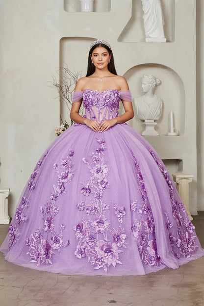 lilac off-the-shoulder quince ball gown with sheer puff sleeves and 3D floral appliqués