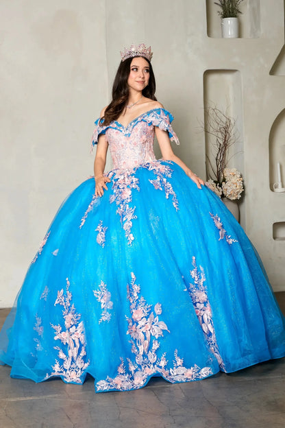 voluminous off-the-shoulder quinceanera ball gown in bright turquoise blue with pale pink floral embroidery
