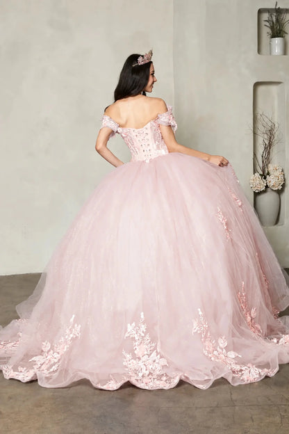 light pink quinceanera ball gown with off-the-shoulder straps, a fitted lace bodice, and floral lace appliques