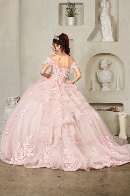 blush quinceañera ball gown with pink floral embroidery, layered ruffles and lace up back