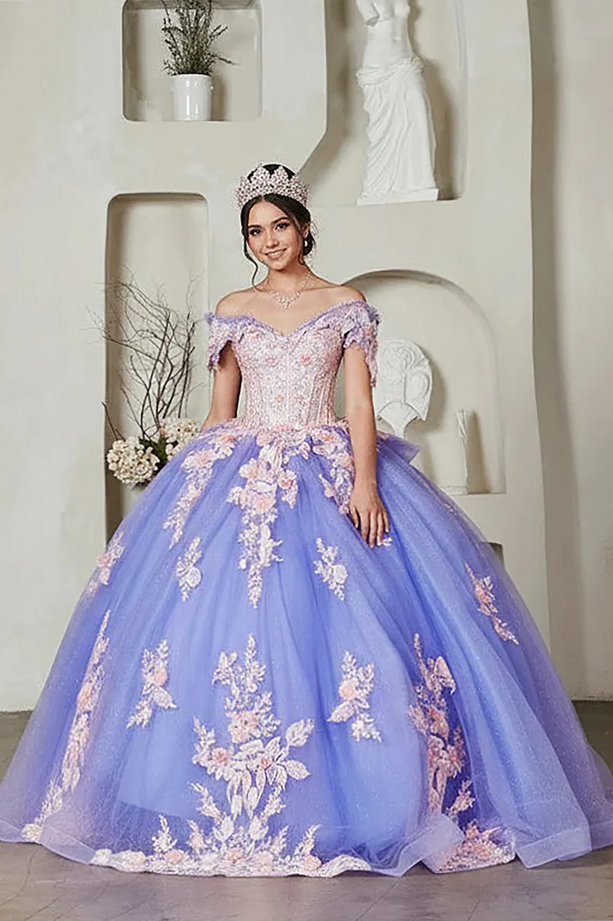 Lilac quinceañera ball gown with blush 3D floral applique, crystal beaded bodice and glitter tulle skirt