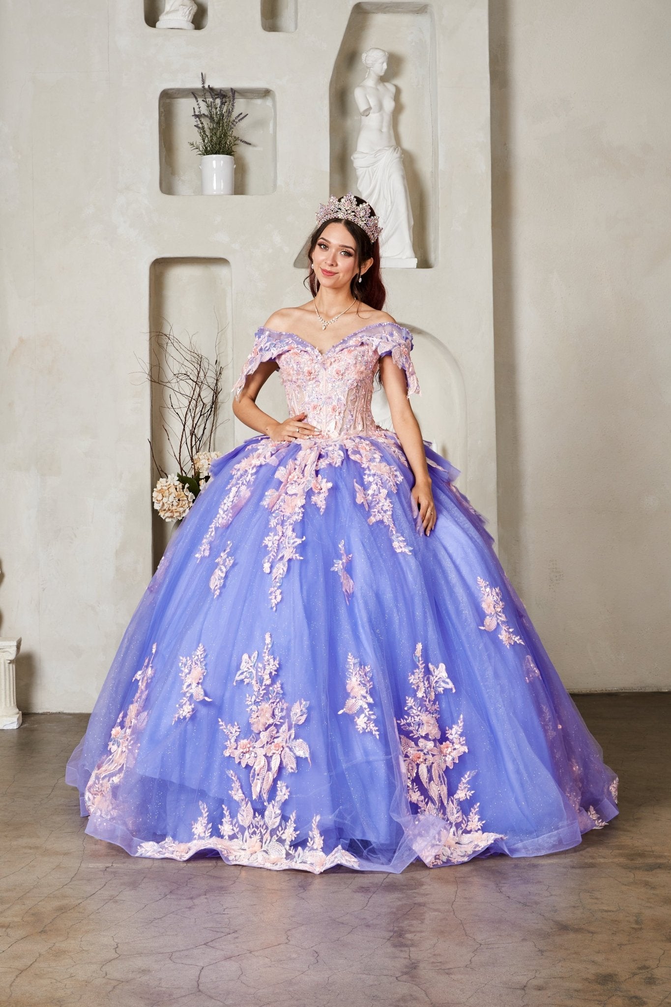 Lilac quinceañera ball gown with blush 3D floral applique, crystal beaded bodice and glitter tulle skirt