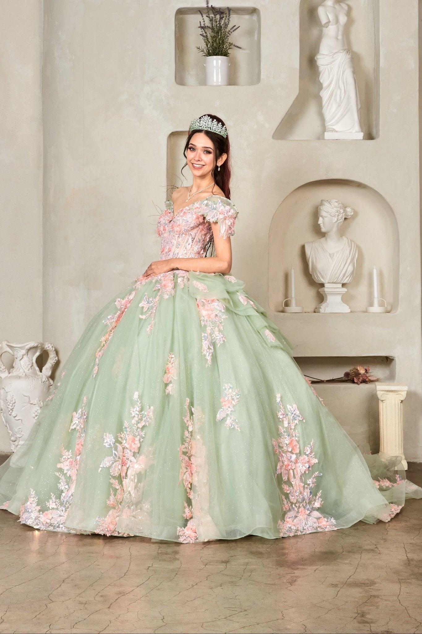 Sage quinceañera ball gown with blush 3D floral applique, crystal beaded bodice and glitter tulle skirt