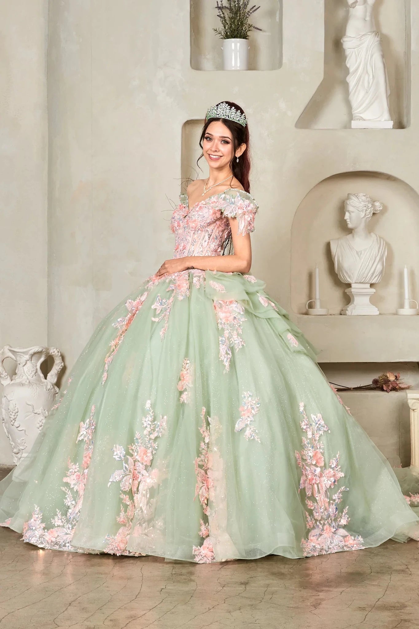Sage quinceañera ball gown with blush floral applique, crystal beaded bodice and glitter tulle skirt