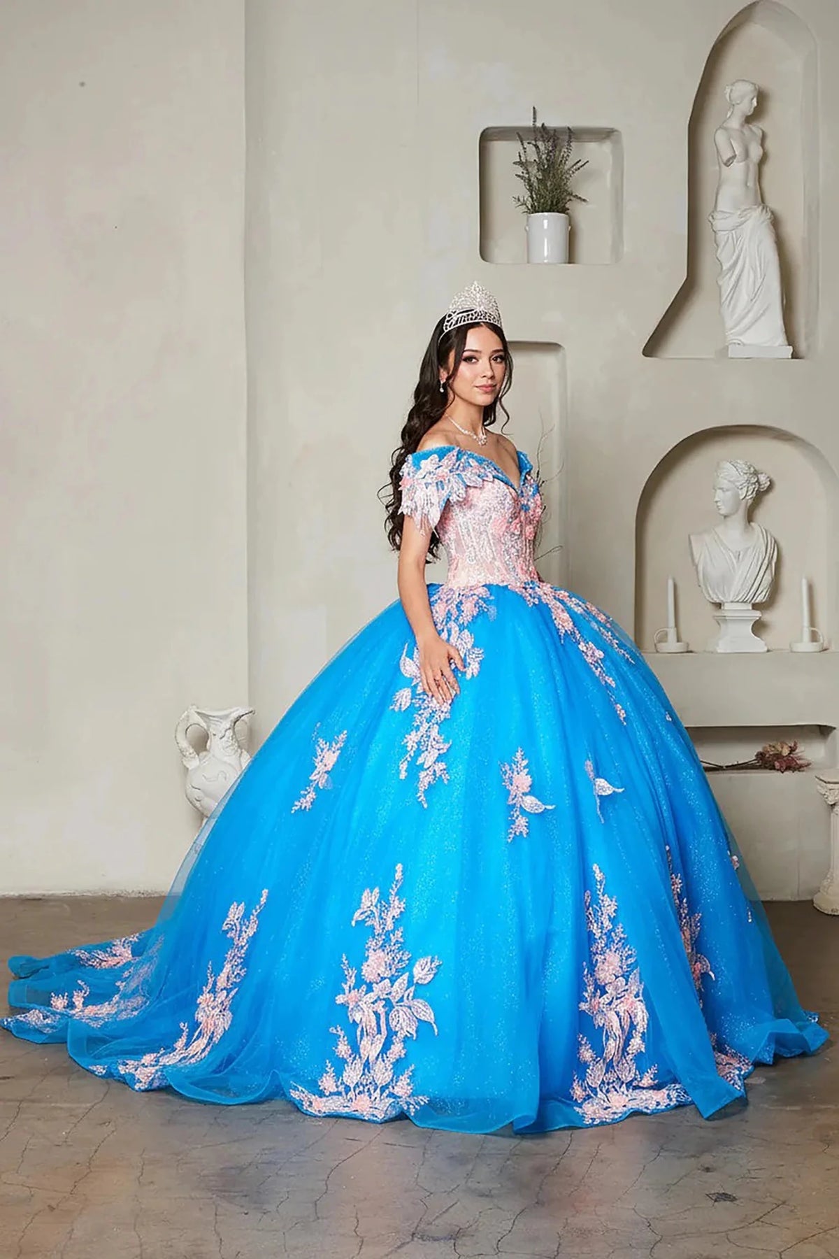 Turquoise quinceañera ball gown with blush floral applique, crystal beaded bodice and glitter tulle skirt