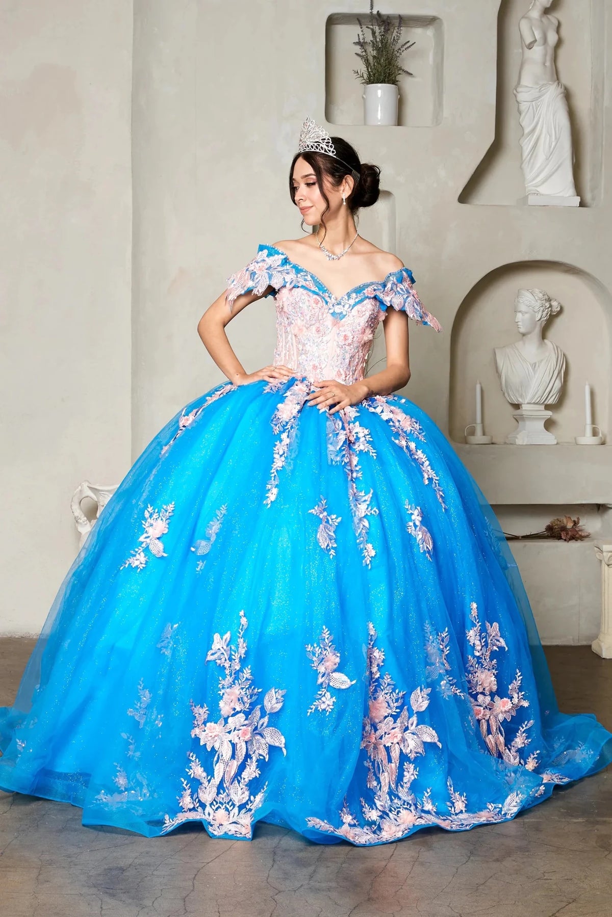 Turquoise quinceañera ball gown with blush 3D floral applique, crystal beaded bodice and glitter tulle skirt