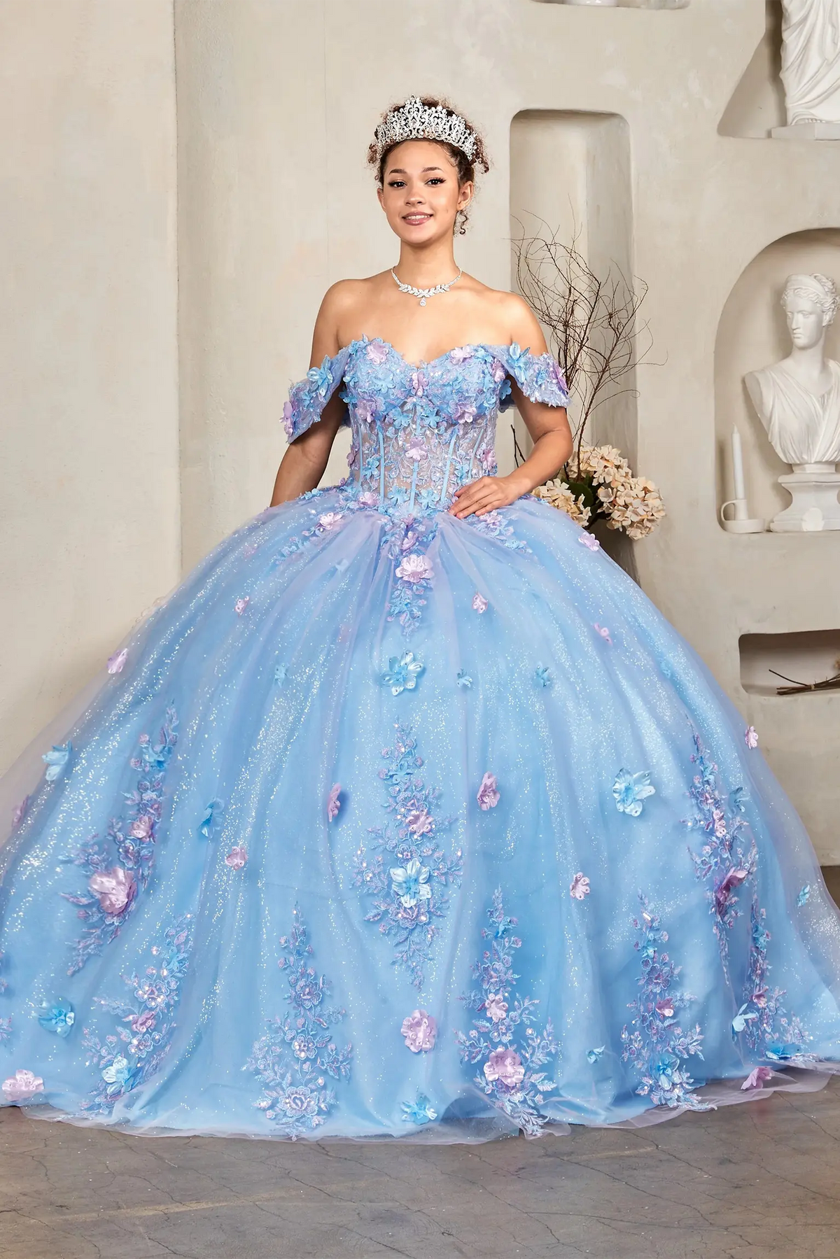 Light blue and lilac two‑tone quinceañera ball gown with illusion corset and 3D floral applique