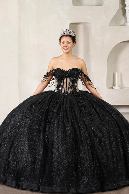 black quinceañera ball gown with jeweled off-the-shoulder sleeves, 3d flowers and sheer corset bodice
