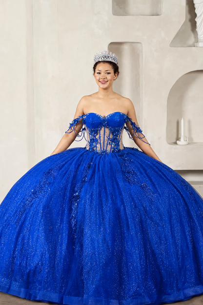 royal blue quinceañera ball gown with jeweled off-the-shoulder sleeves, 3d flowers and sheer corset bodice