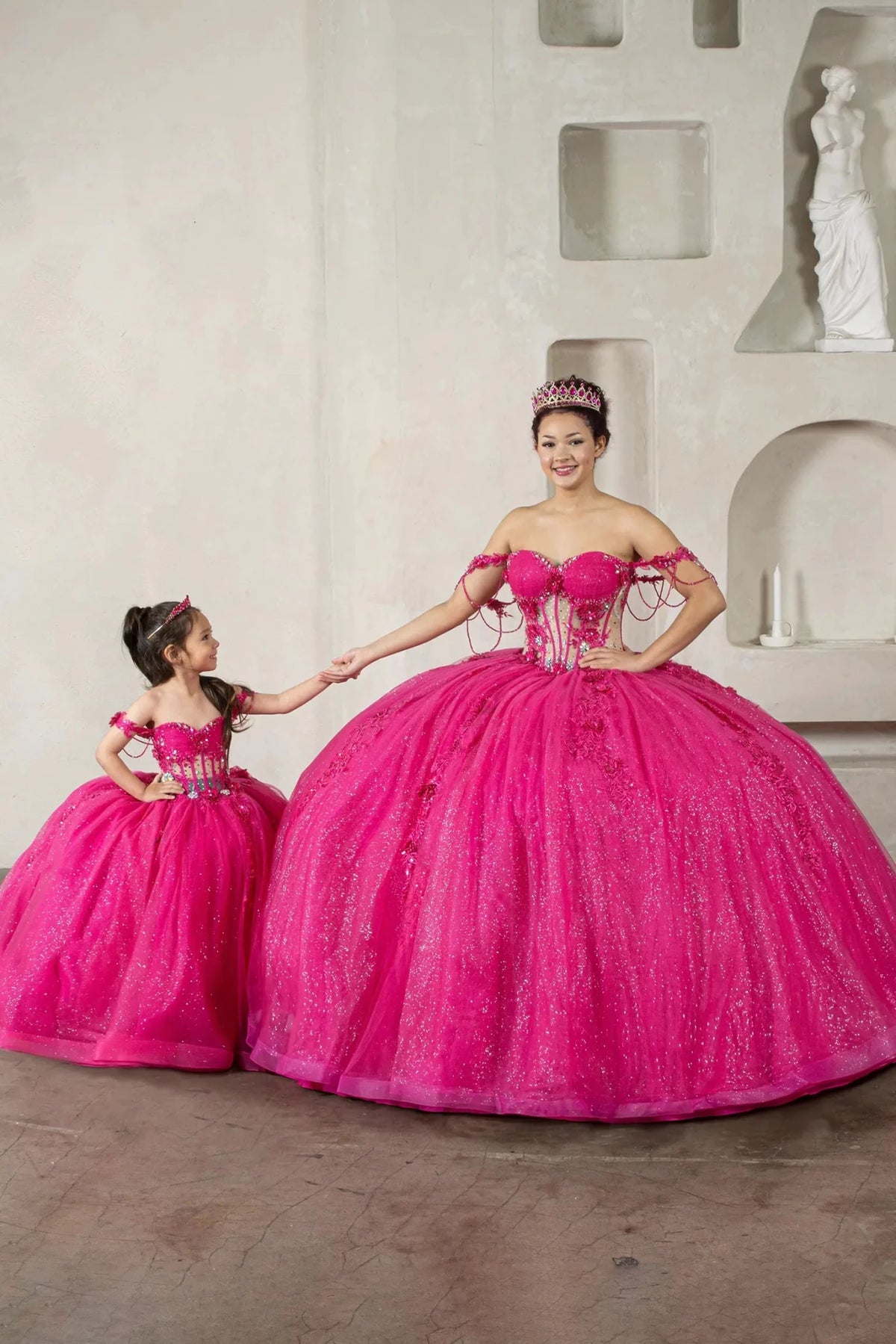 Fuchsia quinceañera ball gown with sheer corset bodice, 3D floral embroidery, detachable bow and sparkle tulle