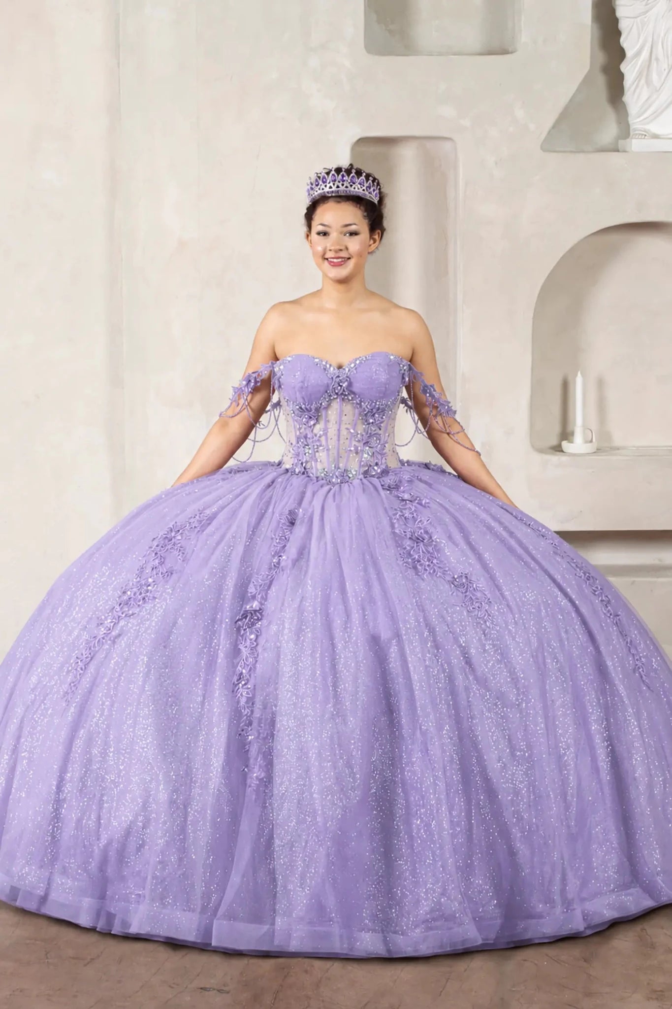 lilac quinceañera ball gown with jeweled off-the-shoulder sleeves, 3d flowers and sheer corset bodice