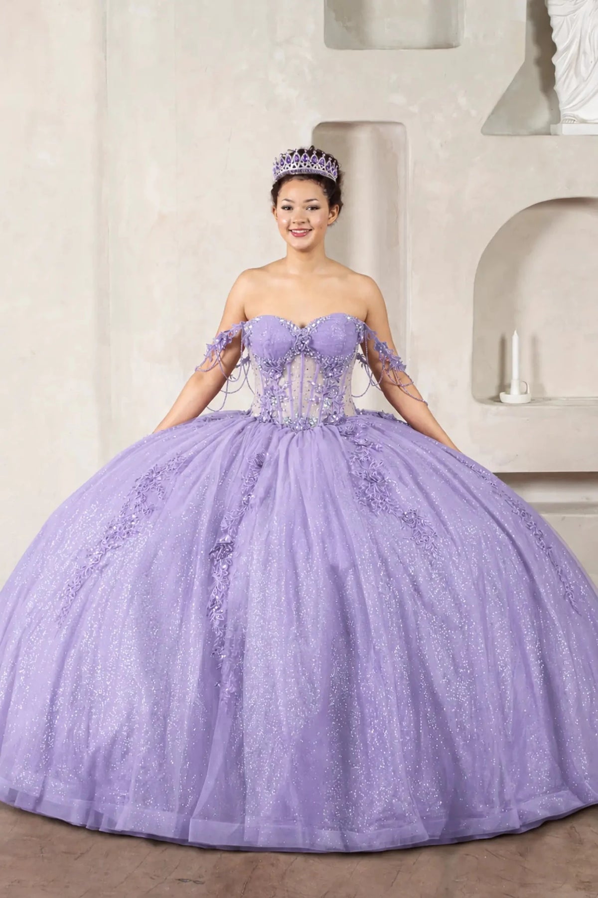 Lilac quinceañera ball gown with sheer corset bodice, jeweled off‑shoulder sleeves, 3D floral embroidery and detachable bow