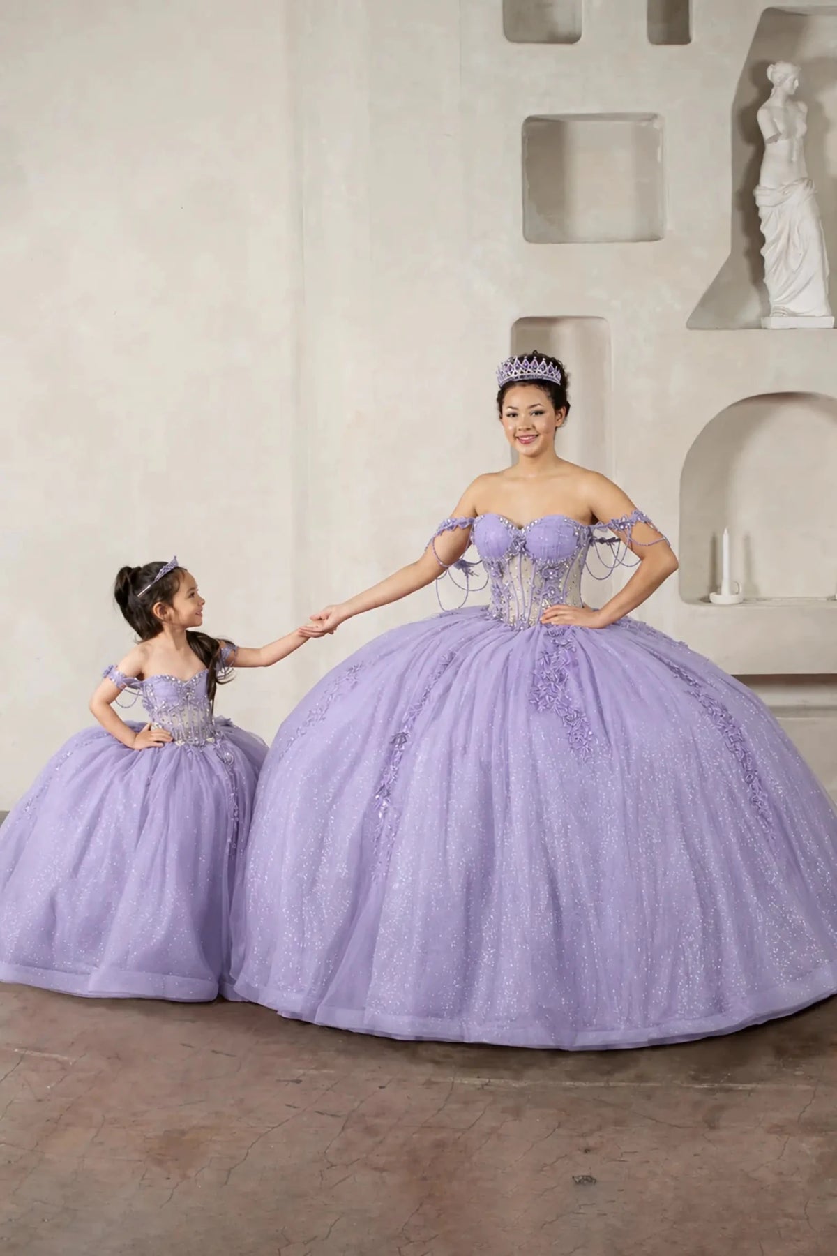 Lilac quinceañera ball gown with sheer corset bodice, 3D floral embroidery, detachable bow and sparkle tulle