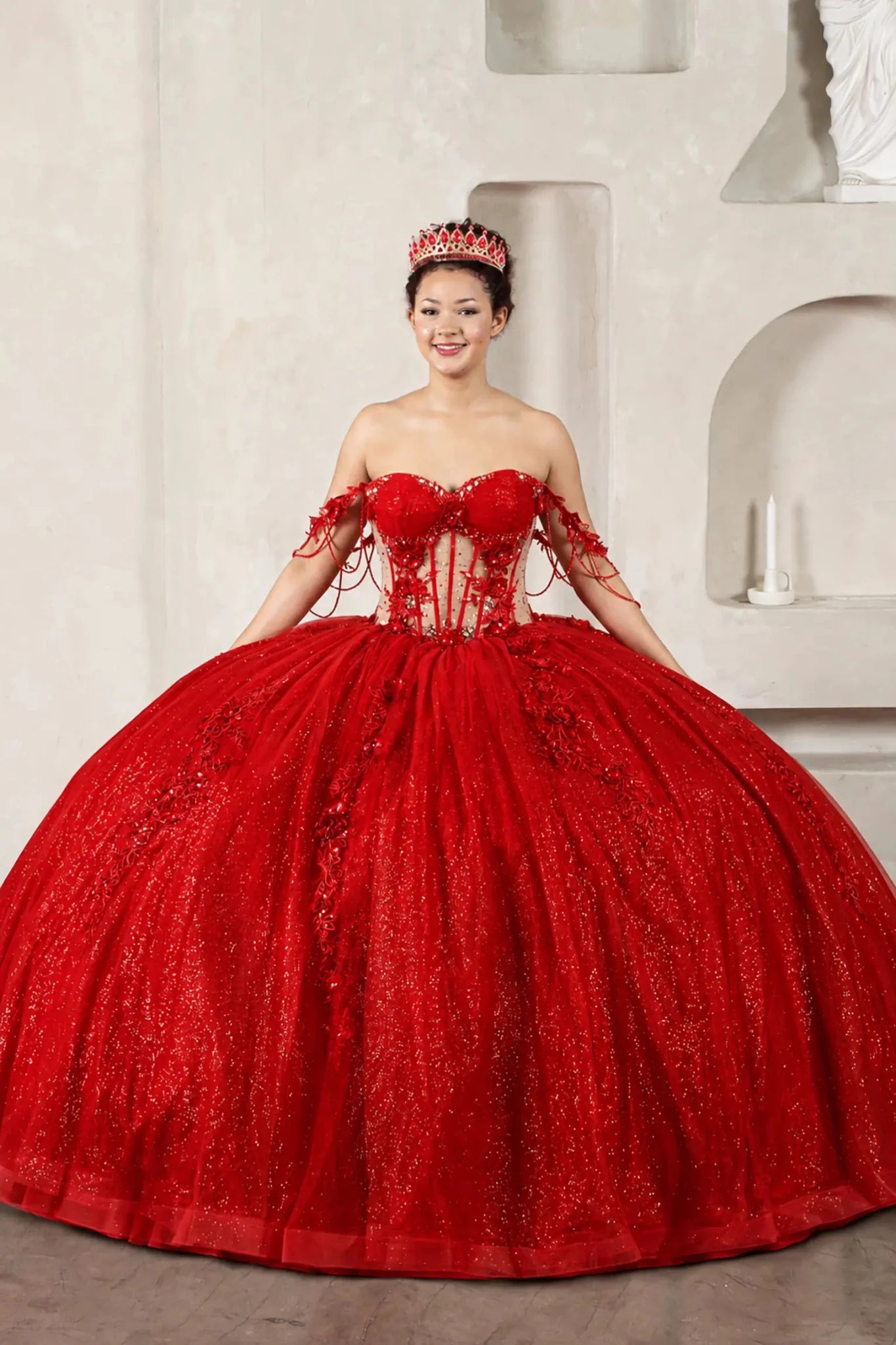 Red quinceañera ball gown with jeweled off‑shoulder sleeves, 3D floral embroidery, detachable bow and sparkle tulle