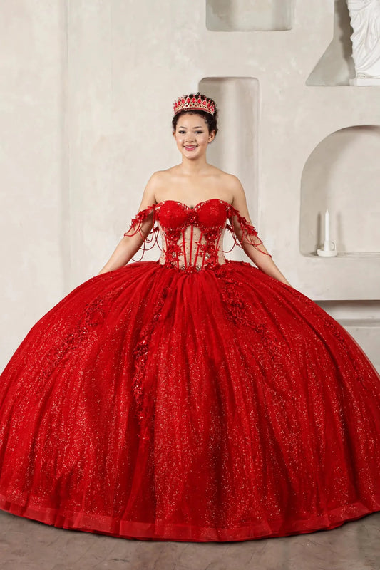 Detailed view highlights red quinceañera ball gown with jeweled off‑shoulder sleeves, 3D floral embroidery, detachable bow.