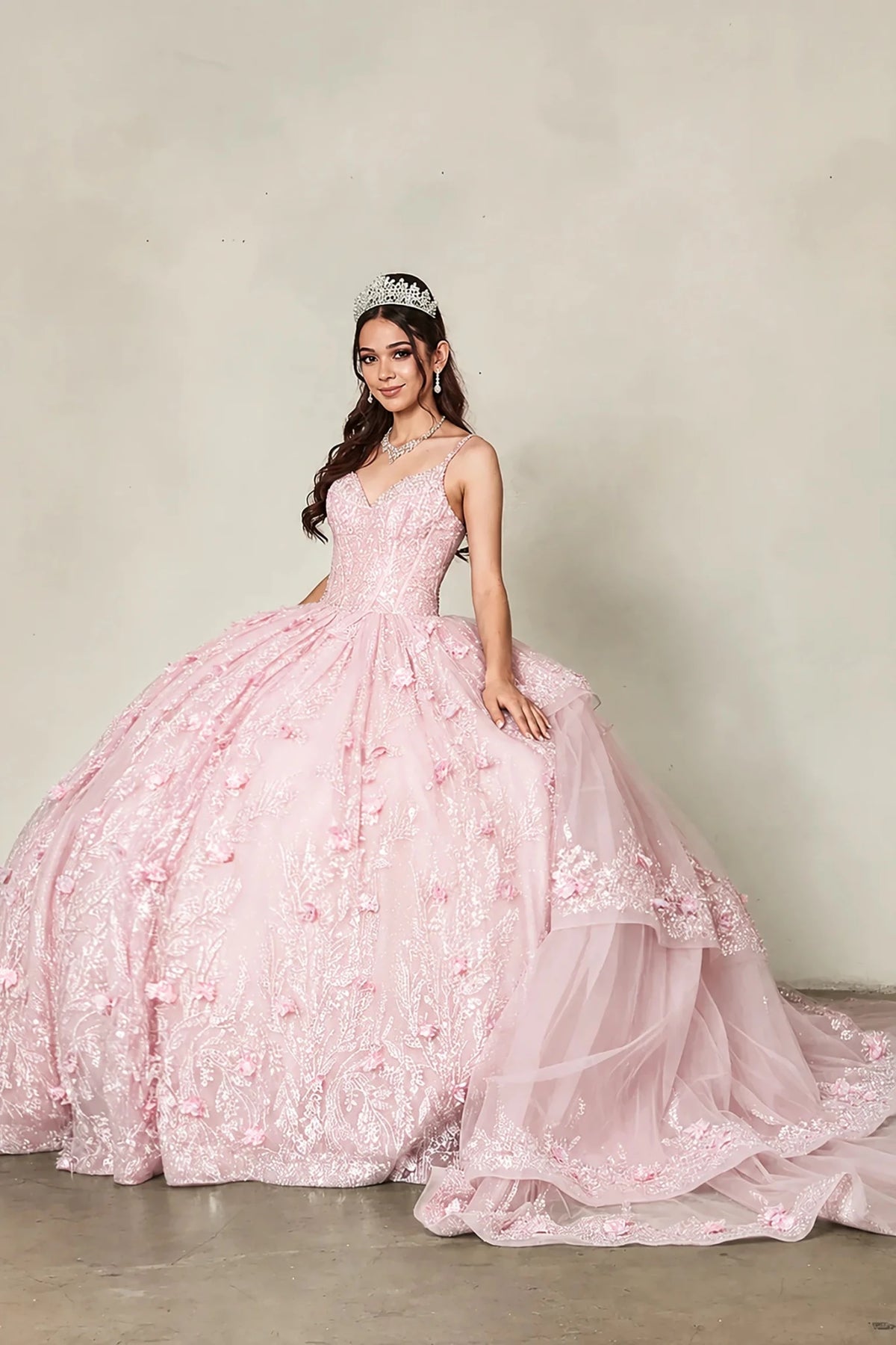 Blush quinceañera ball gown with crystal beaded bodice, diamante trim and detachable long train