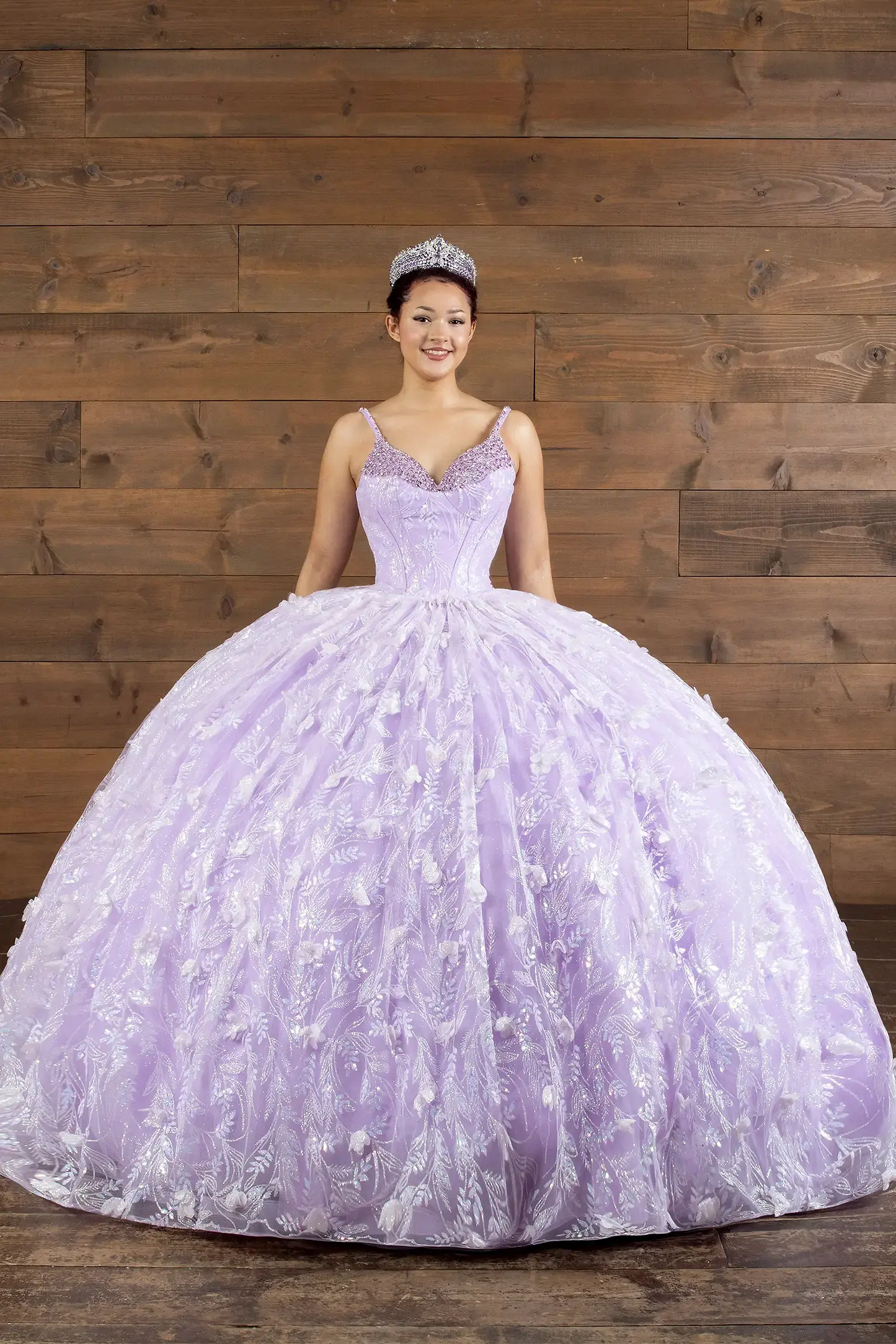 Lilac quinceañera ball gown with crystal beaded bodice, diamante trim and detachable train