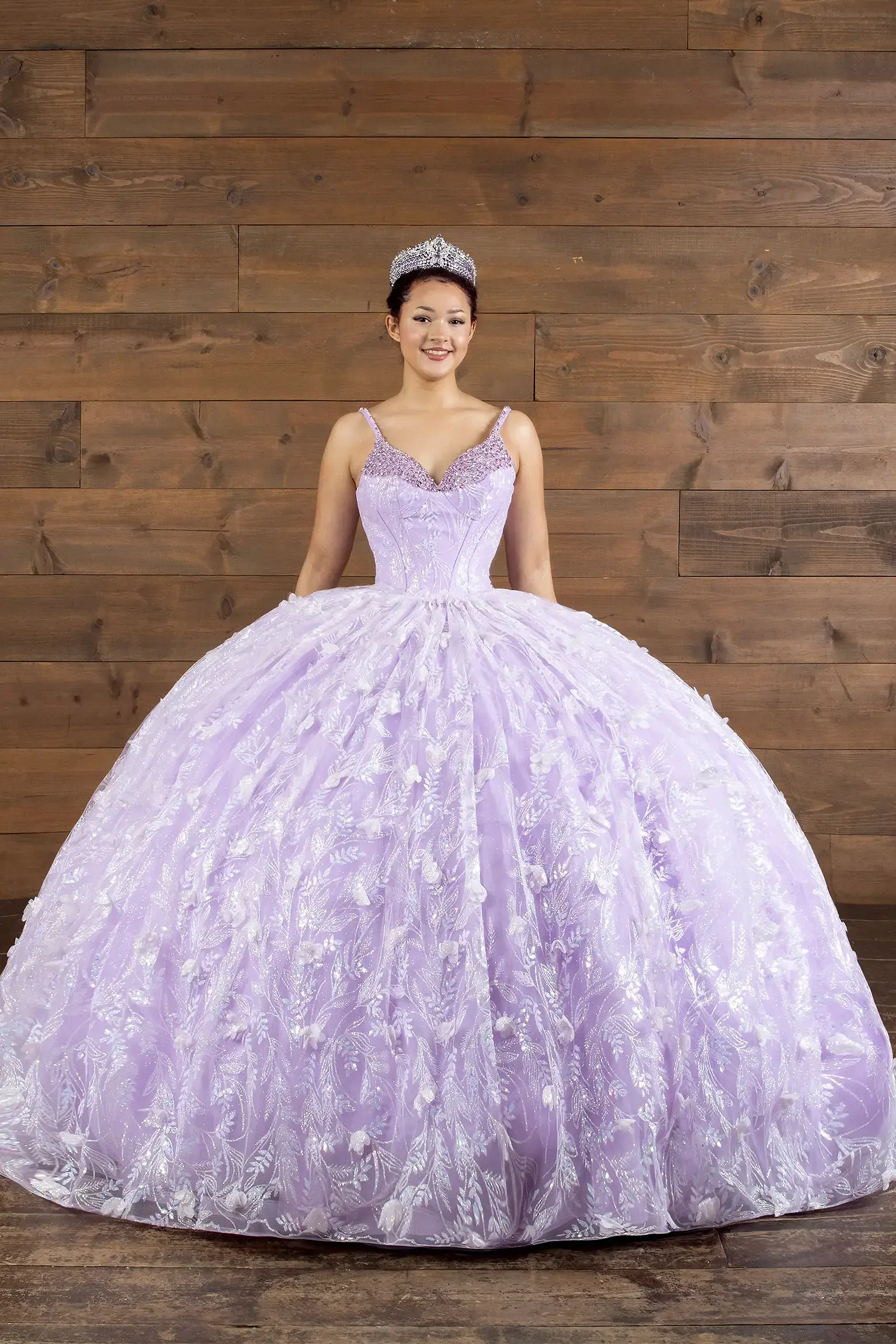 Lilac quinceañera ball gown with crystal beaded bodice, diamante trim and detachable train