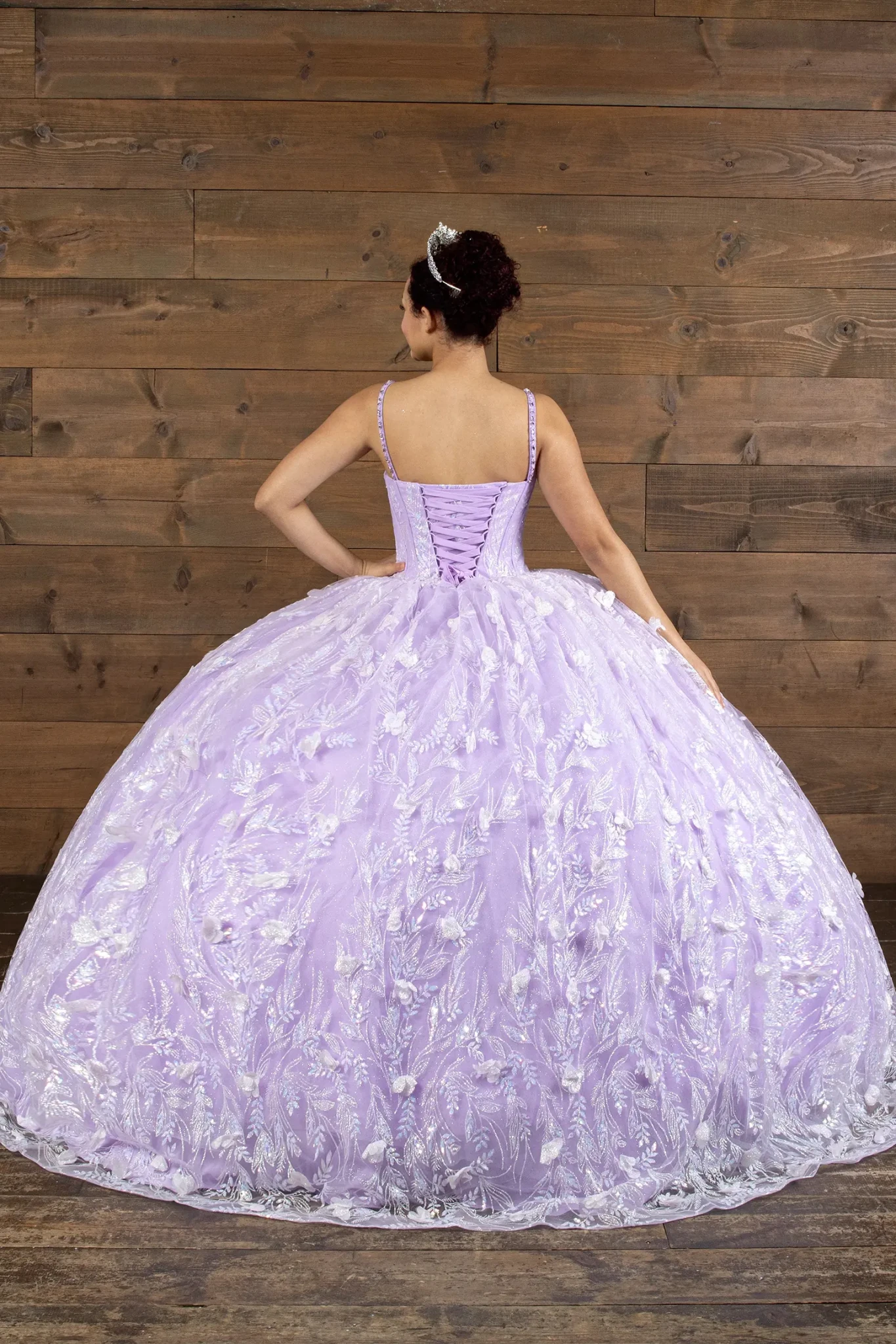 Lilac quinceañera ball gown with crystal beaded bodice, floral applique and detachable train