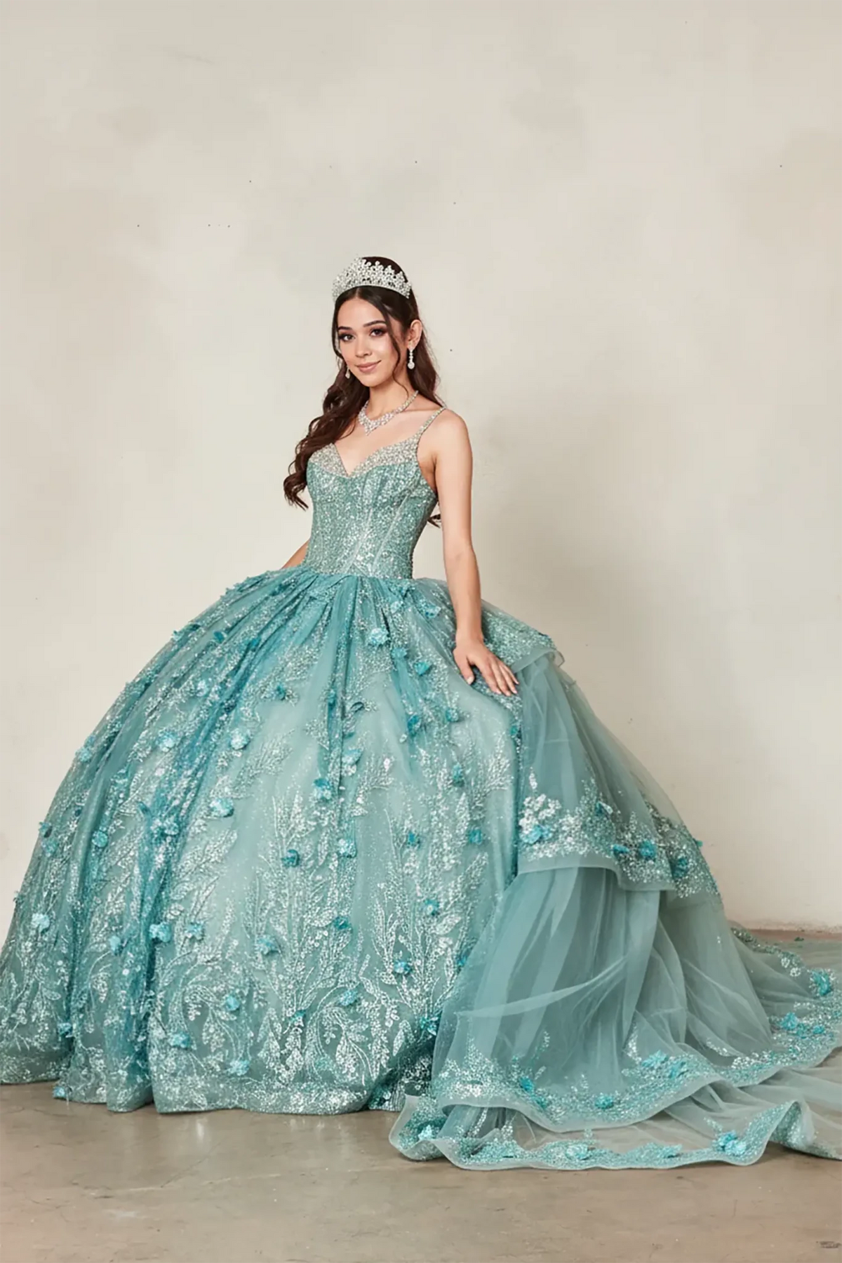Sage quinceañera ball gown with crystal beaded bodice, diamante trim and detachable long train