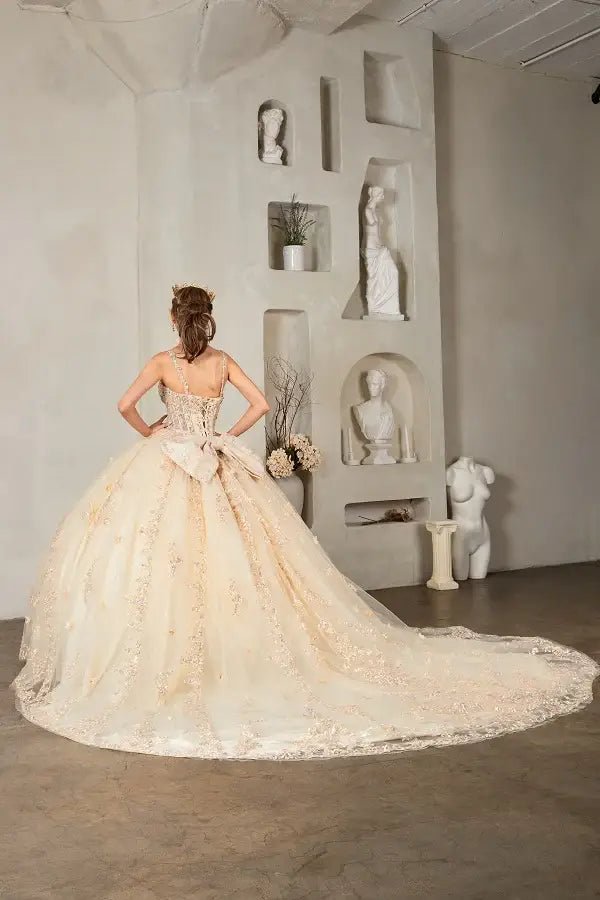Champagne quinceañera ball gown with 3D butterfly applique, sheer bodice, spaghetti straps and lace skirt