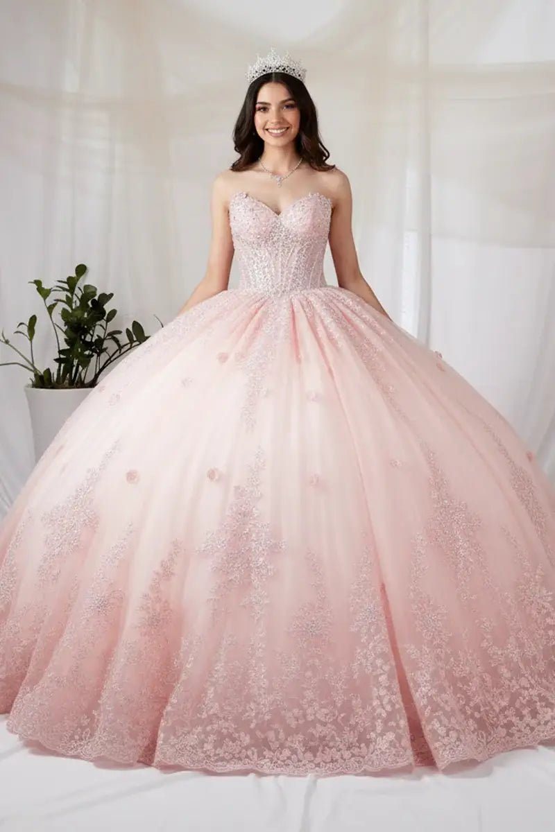 Blush quinceañera ball gown with spaghetti straps, sheer bodice, 3D butterfly applique and multi‑layer lace skirt
