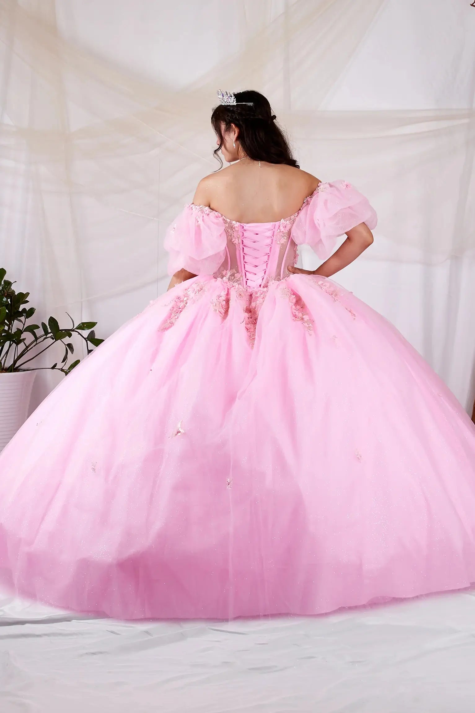 Blush quinceañera ball gown with 3D floral applique, sheer bodice, off‑shoulder neckline and lace skirt