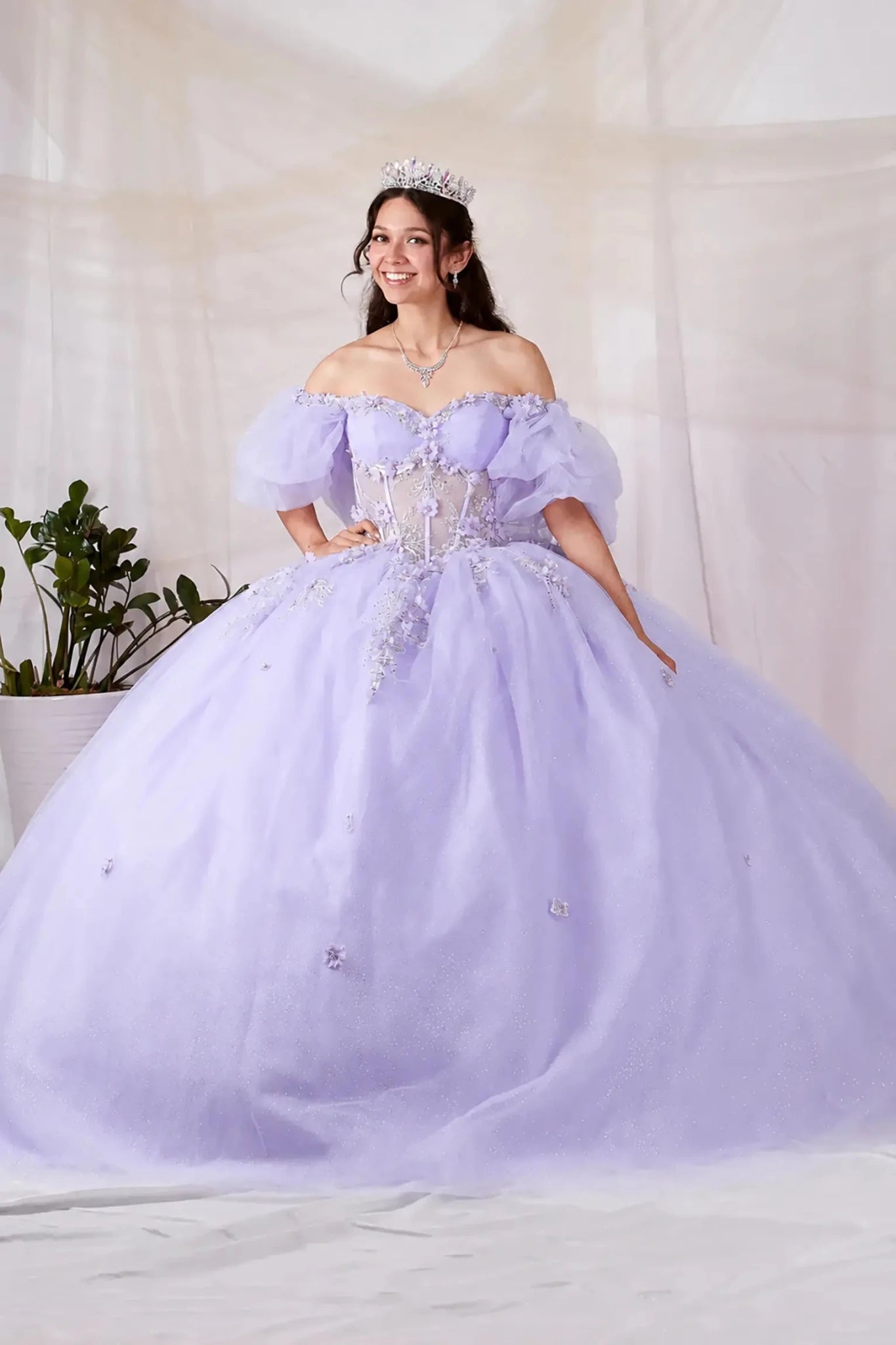 voluminous lilac off-the-shoulder quince dress with floral lace and tulle