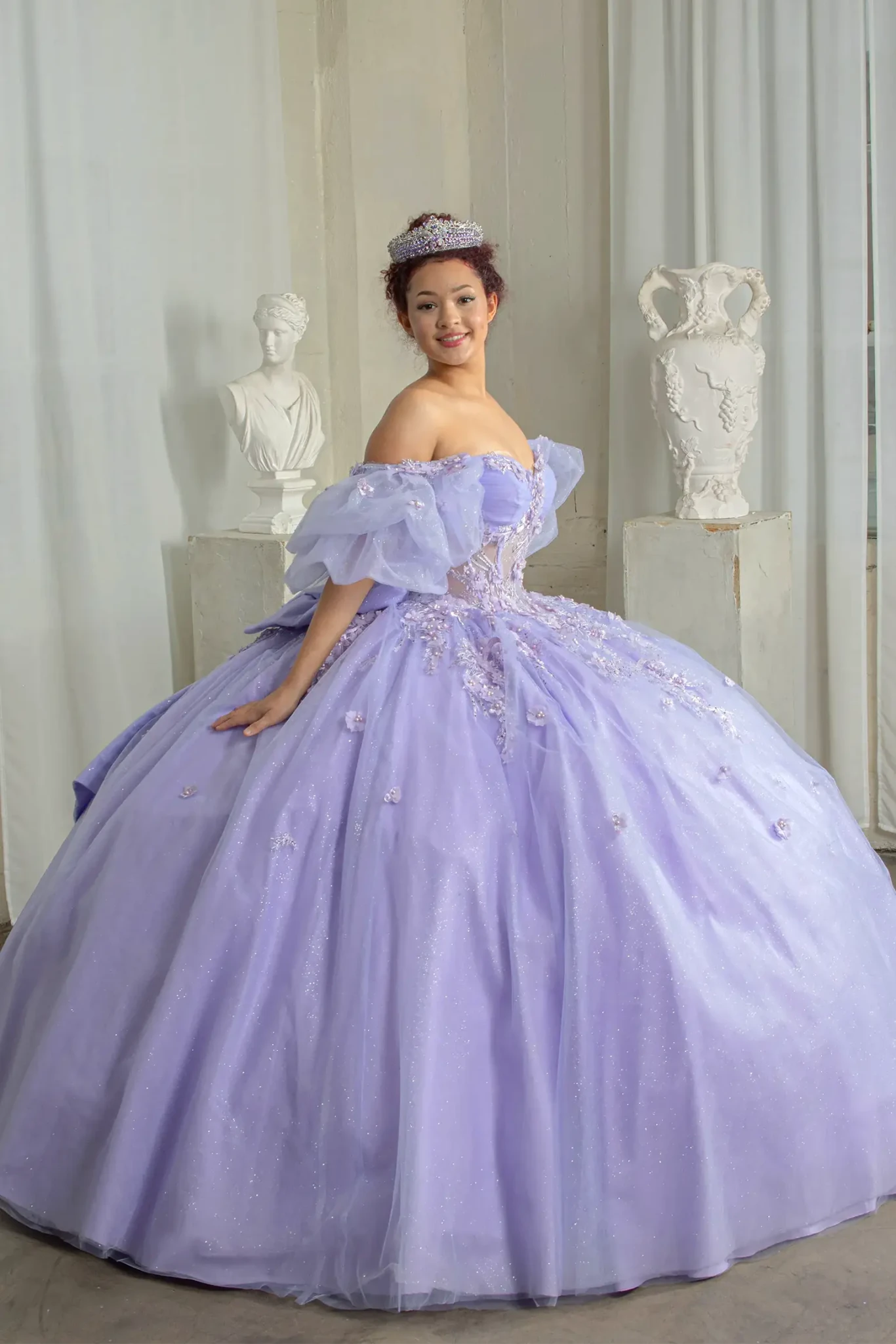 Soft lilac quinceanera gown with sheer bodice, puff sleeves and multi-layer lace 