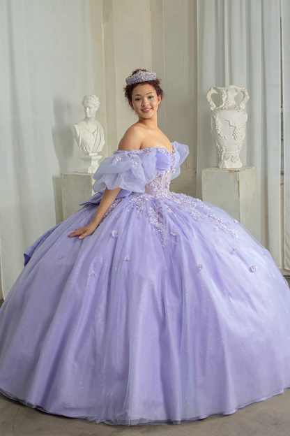Soft lilac quinceanera gown with sheer bodice, puff sleeves and multi-layer lace 