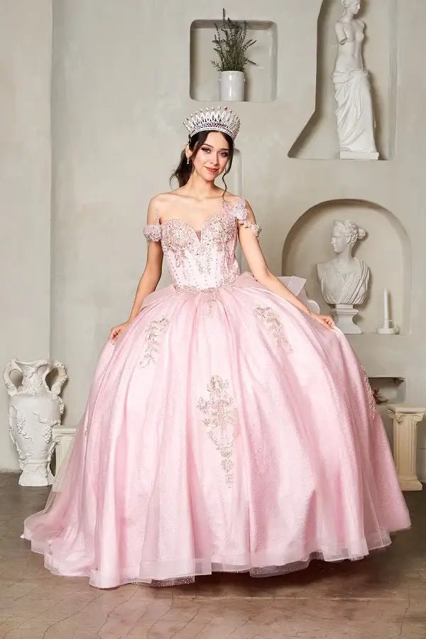Blush quinceañera ball gown with 3D butterfly sleeves, embroidered bodice and layered glitter tulle skirt