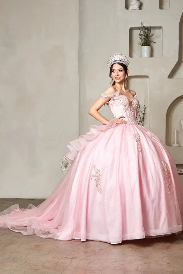 Blush quinceañera ball gown with butterfly sleeves, embroidered bodice and glitter tulle skirt