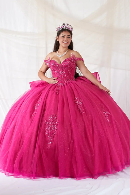 Fuchsia quinceañera ball gown with 3D butterfly sleeves, embroidered bodice and glitter tulle skirt