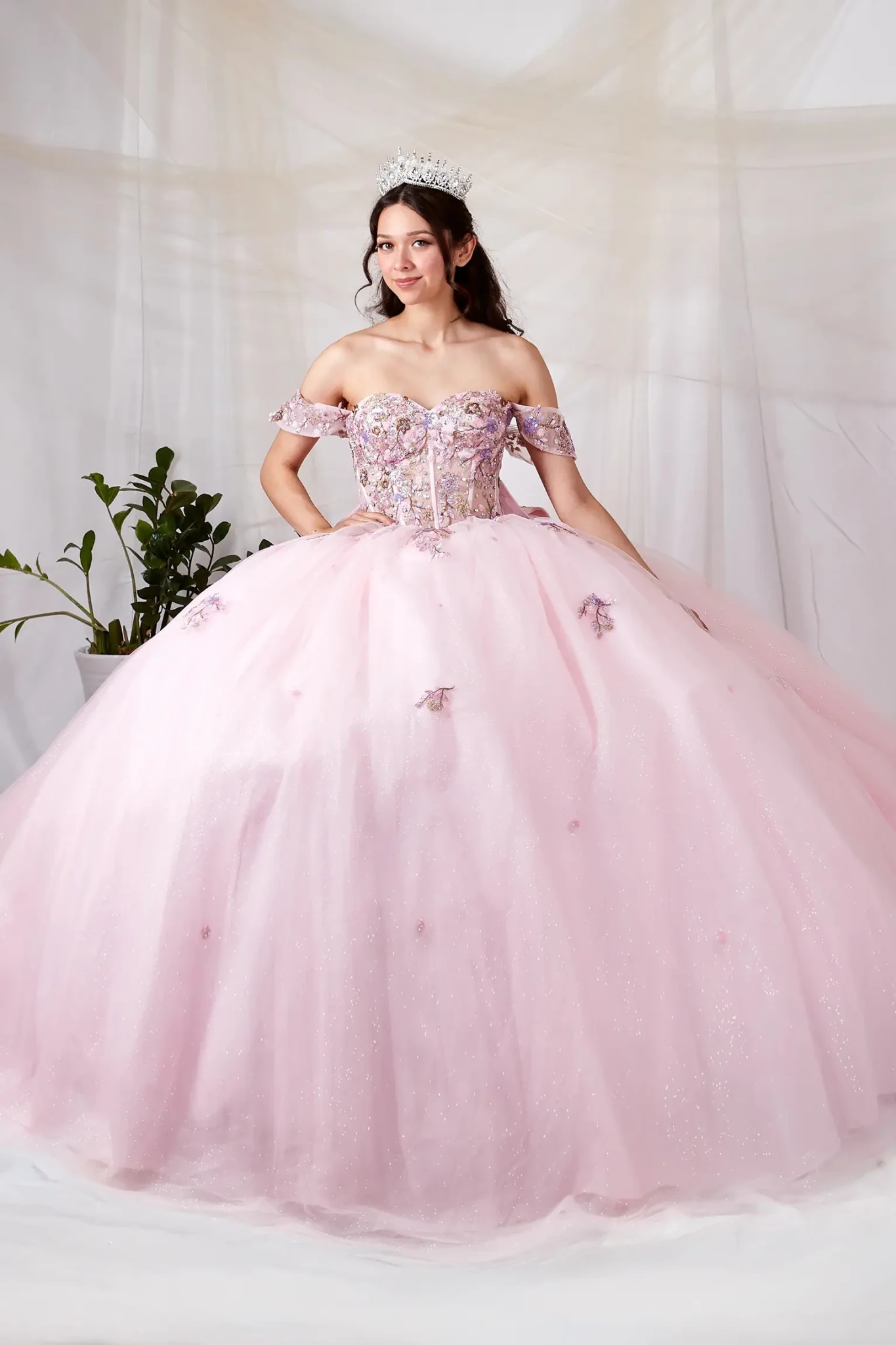 blush quince ball gown with off-the-shoulder straps, a heavily embellished lace bodice and tulle skirt