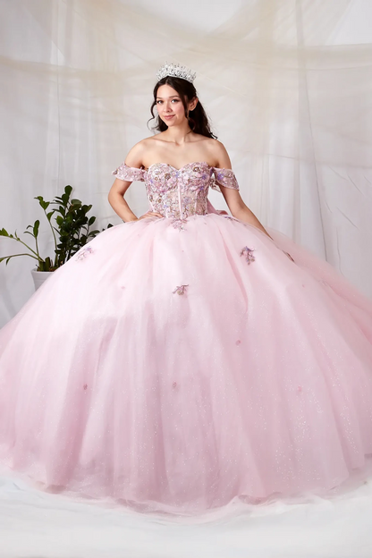 blush quince ball gown with off-the-shoulder straps, a heavily embellished lace bodice and tulle skirt
