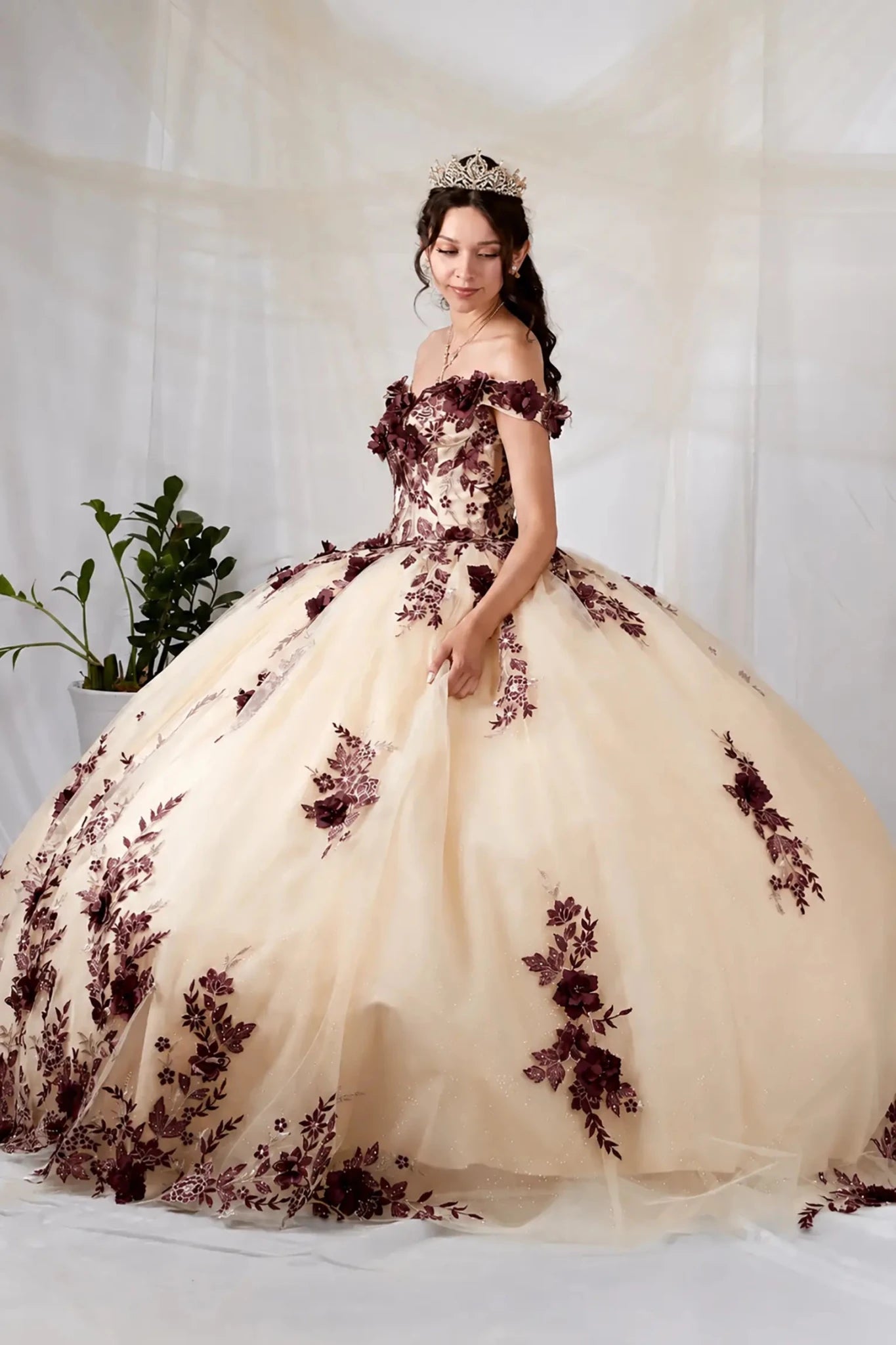 champagne ball gown with dark burgundy floral lace appliques over a cream tulle base