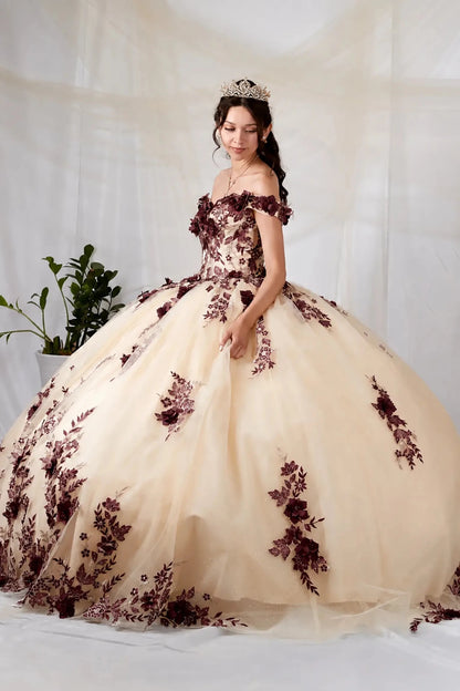 champagne ball gown with dark burgundy floral lace appliques over a cream tulle base