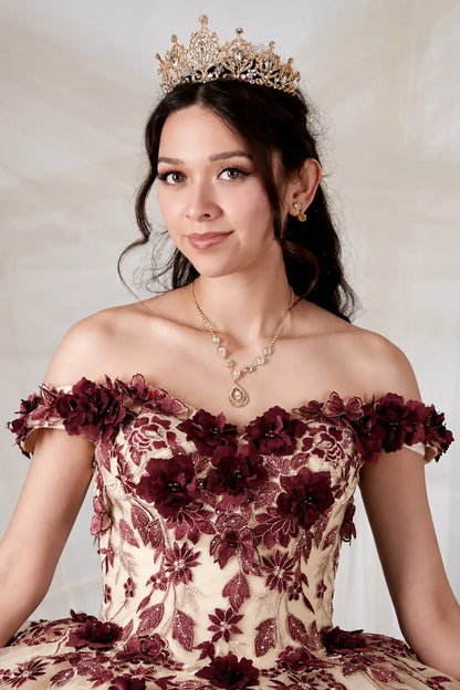 champagne off-the-shoulder quinceanera ball gown with dark burgundy floral appliqué,