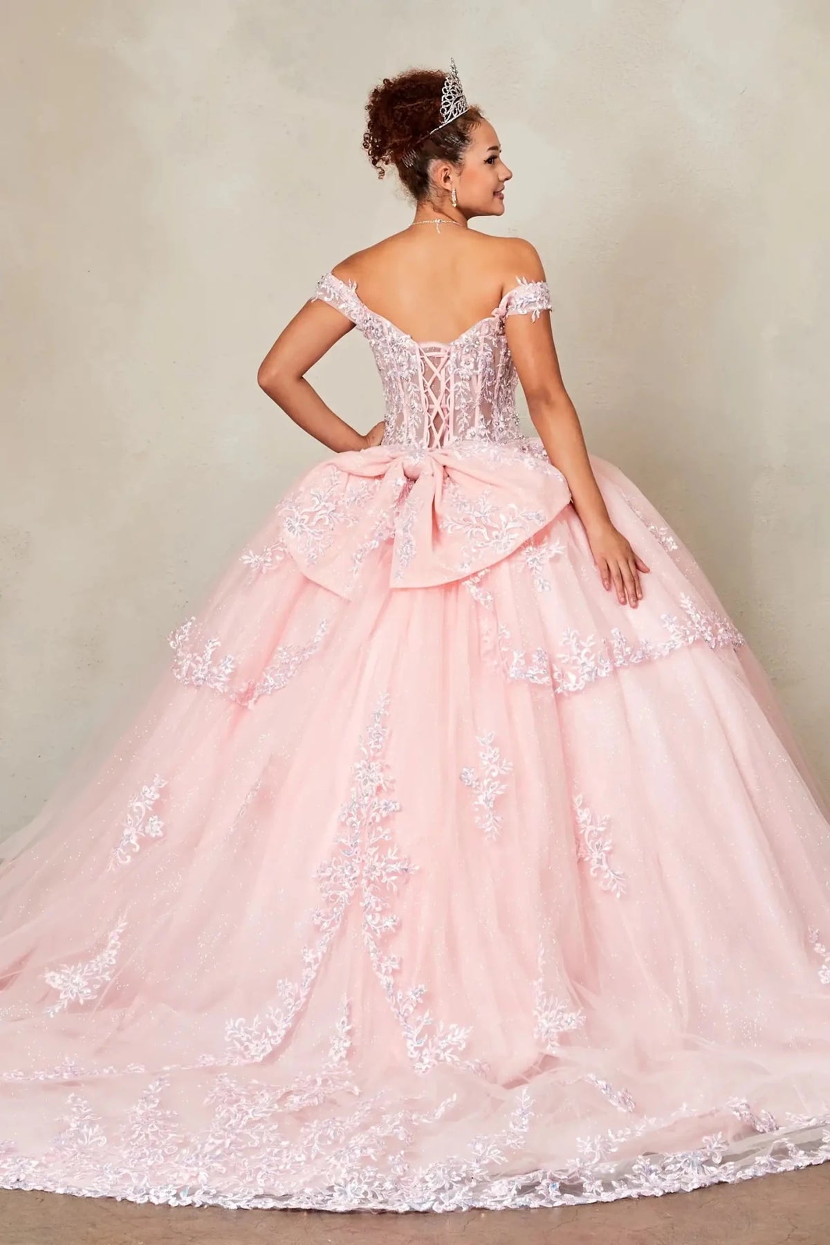 Blush quinceañera ball gown with sheer sweetheart bodice, floral embroidery and glitter tulle skirt