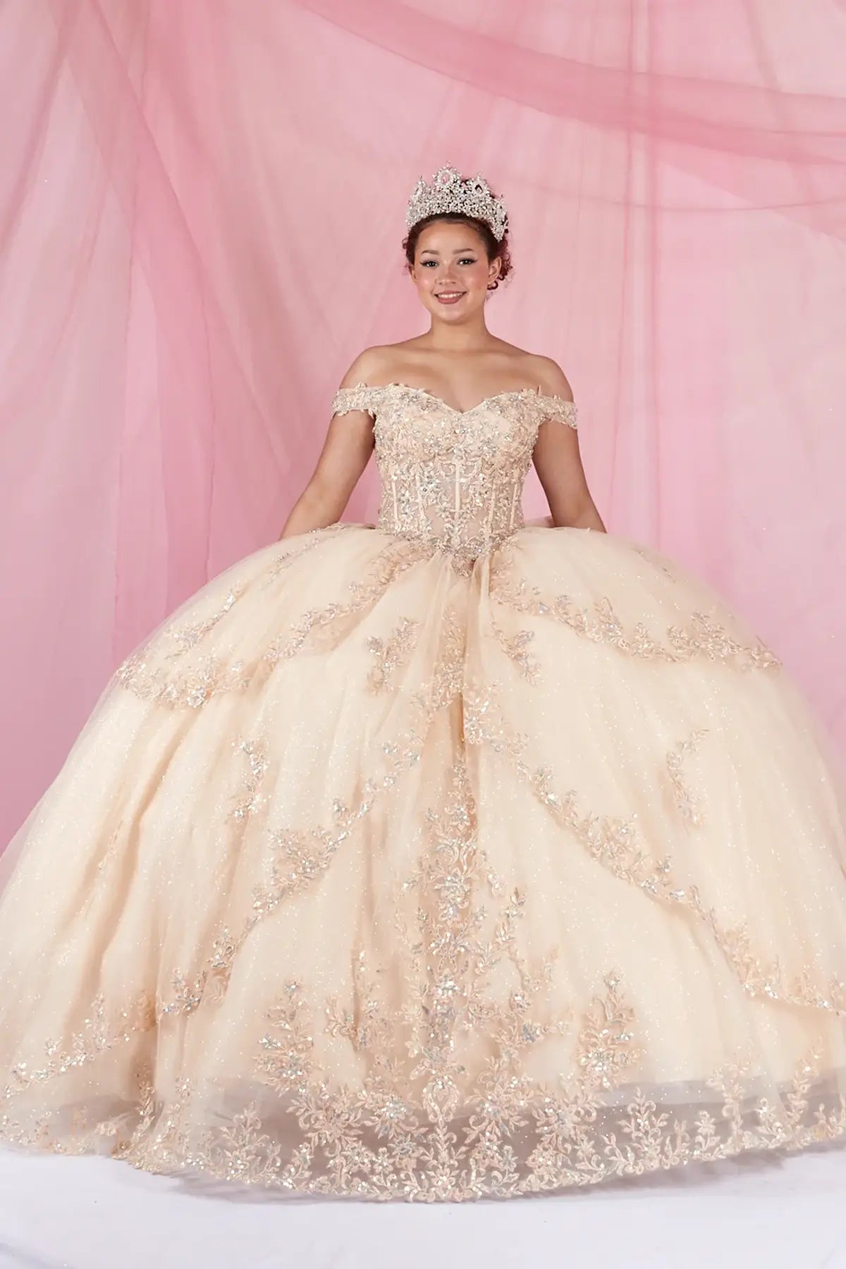 Champagne quinceañera ball gown with sheer sweetheart bodice, floral embroidery and glitter tulle skirt