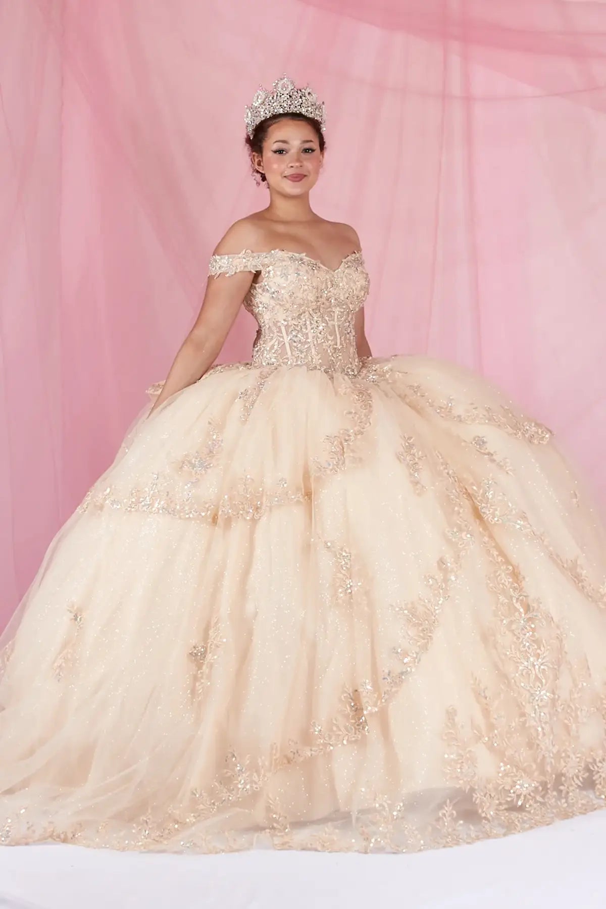 Champagne quinceañera ball gown with sheer sweetheart bodice, floral embroidery and glitter tulle skirt