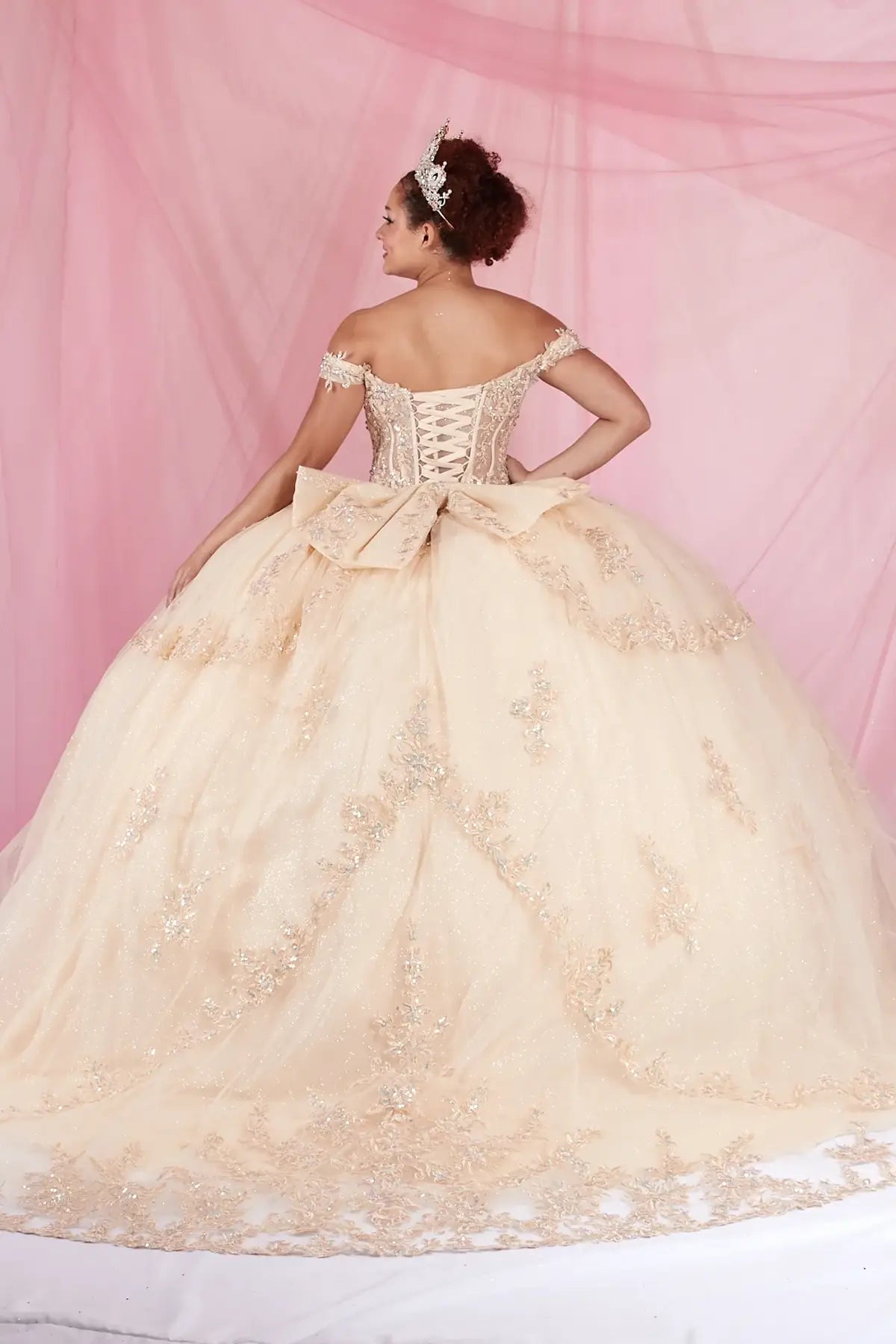 Champagne quinceañera ball gown with sheer sweetheart bodice, floral embroidery and glitter tulle skirt