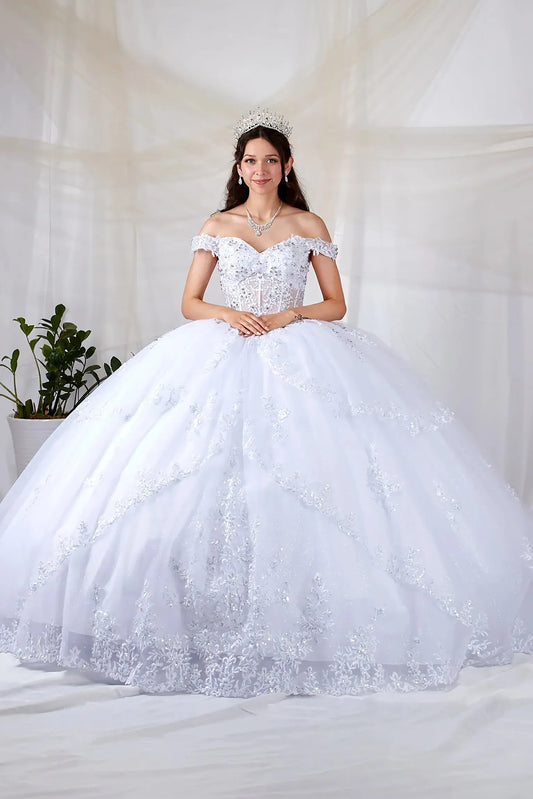 White quinceañera ball gown with sheer sweetheart bodice, floral embroidery and glitter tulle skirt