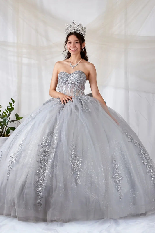 Silver quinceañera ball gown with sheer sweetheart bodice, floral embroidery and glitter tulle skirt