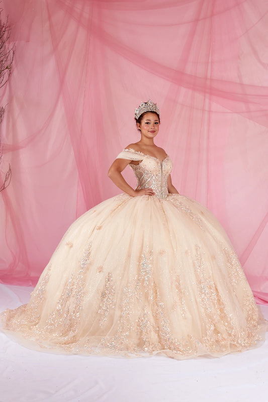 Champagne quinceañera ball gown with illusion corset bodice, 3D floral applique and beaded embroidery