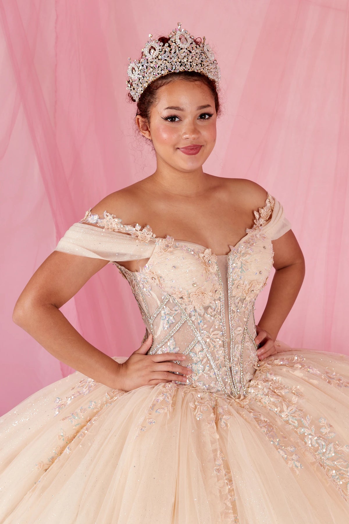 Champagne quinceañera ball gown with illusion corset bodice, 3D floral applique and beaded embroidery