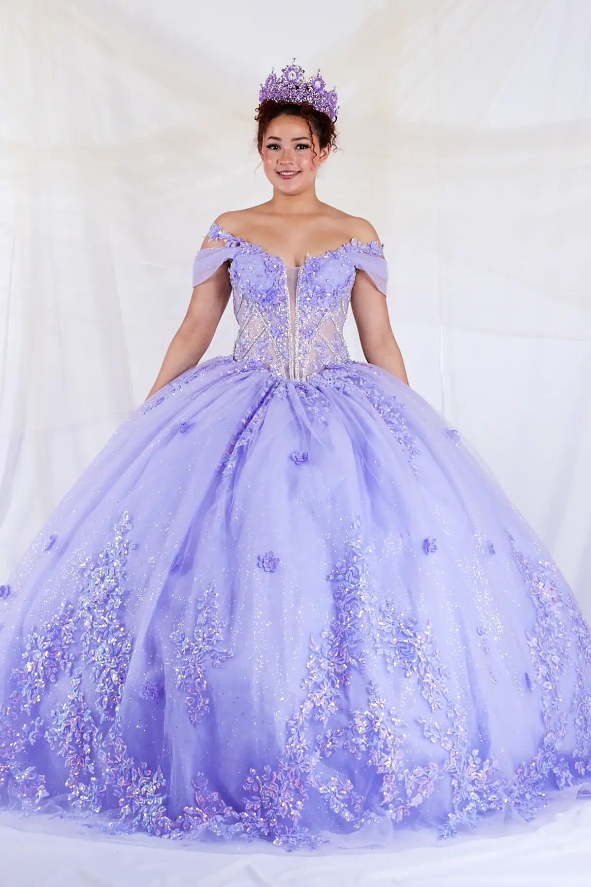Lilac quinceañera ball gown with illusion corset bodice, 3D floral applique and beaded embroidery